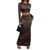 Women's Sexy Round Neck Long-Sleeve Leopard Print Slit Two-Piece Skirt Set