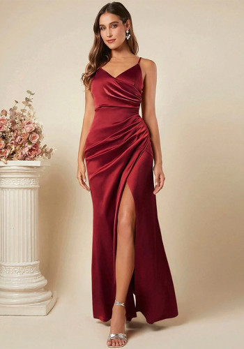 Women's Spring Summer Strap Satin Dress Sexy Pleated Bridesmaid Dress