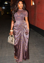 African Plus Size Women's Chic Elegant Maxi Dress Short-Sleeve Pleated Party Gown