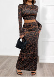 Women's Sexy Round Neck Long-Sleeve Leopard Print Slit Two-Piece Skirt Set