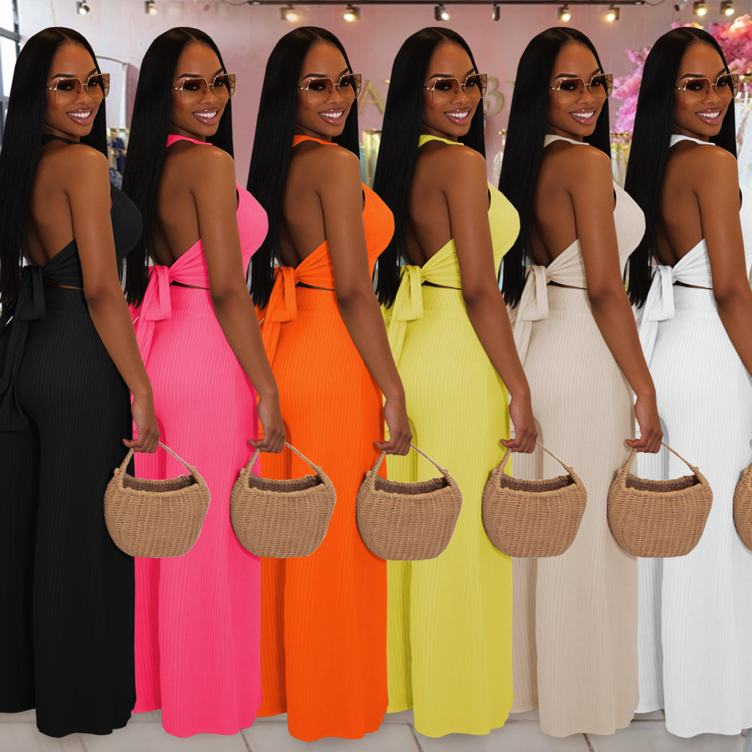 Fashion Women's Casual Halter Neck Lace-Up Top & Pants Two-Piece Set