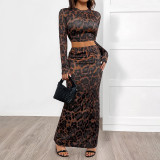 Women's Sexy Round Neck Long-Sleeve Leopard Print Slit Two-Piece Skirt Set