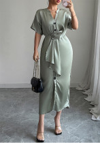 Spring/Summer Chic Elegant V-Neck Side-Slit Slim Waist Midi Dress Spring/Summer Chic Elegant V-Neck Side-Slit Slim Waist Midi Dress