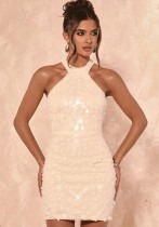 Sequin Halter Neck Tie Sleeveless Low Back Evening Gown