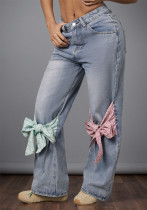 Bow High-Waist Wide-Leg Denim Pants Loose Straight Trousers