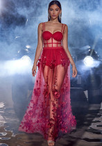 Sexy Strap Mesh Sheer Formal Party Dress Print Sleeveless Long Gown