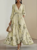 Women's Digital Print V-Neck Long-Sleeve Pleated Maxi Dress