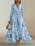 Women's Digital Print V-Neck Long-Sleeve Pleated Maxi Dress