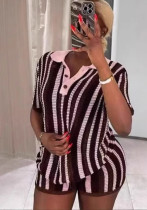 Fashion Striped Turndown Collar Short-Sleeve Top & Shorts Knit Set