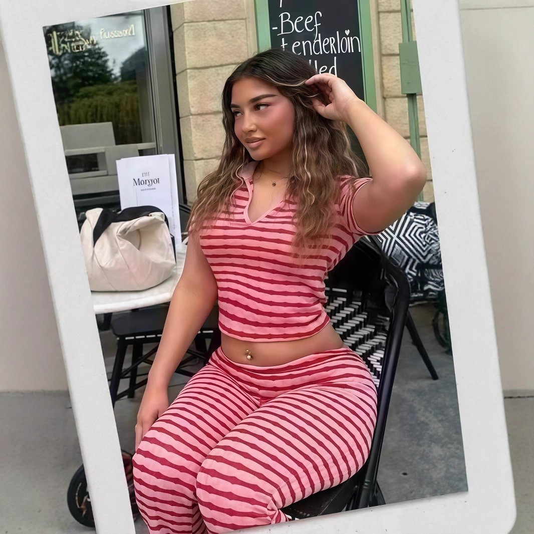 Fashion Turndown Collar Shirt & Striped Bell-Bottom Pants Summer Knit Set