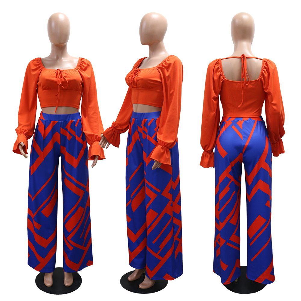 Long Sleeve Top with Loose Printed Wide-Leg Pants Casual & Comfortable Two-Piece Set