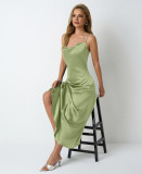 Women Pleated Sleeveless Satin Dress