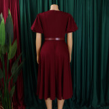 Women's Summer Trendy Puff-Sleeve Elegant High-Waist Solid Round Neck A-line African Dress