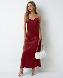 Women Pleated Sleeveless Satin Dress