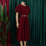 Women's Summer Trendy Puff-Sleeve Elegant High-Waist Solid Round Neck A-line African Dress