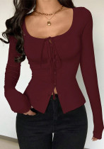 Women Solid Long Sleeve Lace-Up Top Square Neck Sexy Casual T-shirt