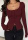 Women Solid Long Sleeve Lace-Up Top Square Neck Sexy Casual T-shirt