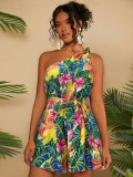Women Summer One-shoulder Print Jumpsuit
