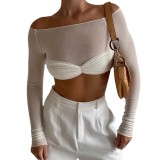 Women long-sleeved solid off shoulder crop t-shirt