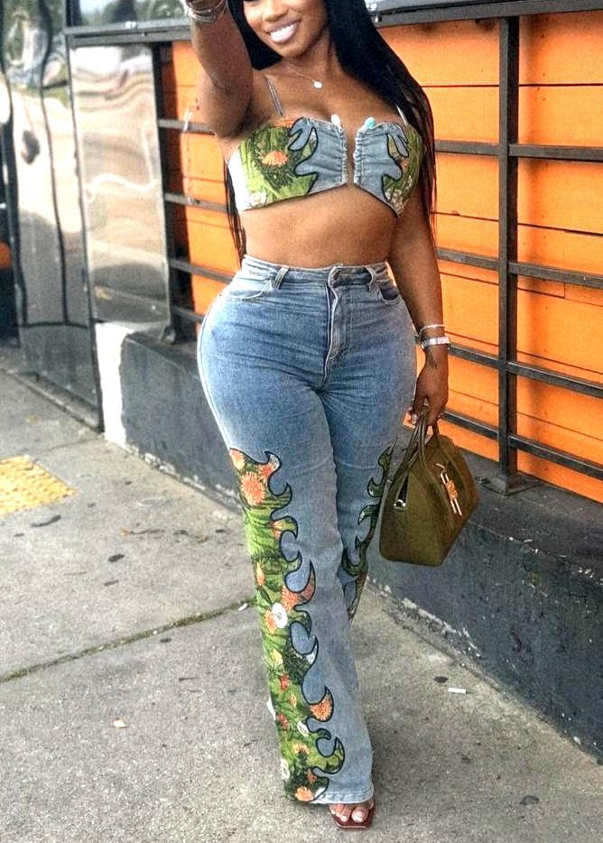 Women Sexy Floral Stretch Wrap Top and Denim Pants Two-Piece Set
