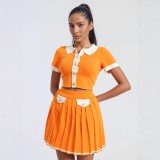 Fashion Turndown Collar Metal Button Cardigan & Pleated Skirt Knit Set