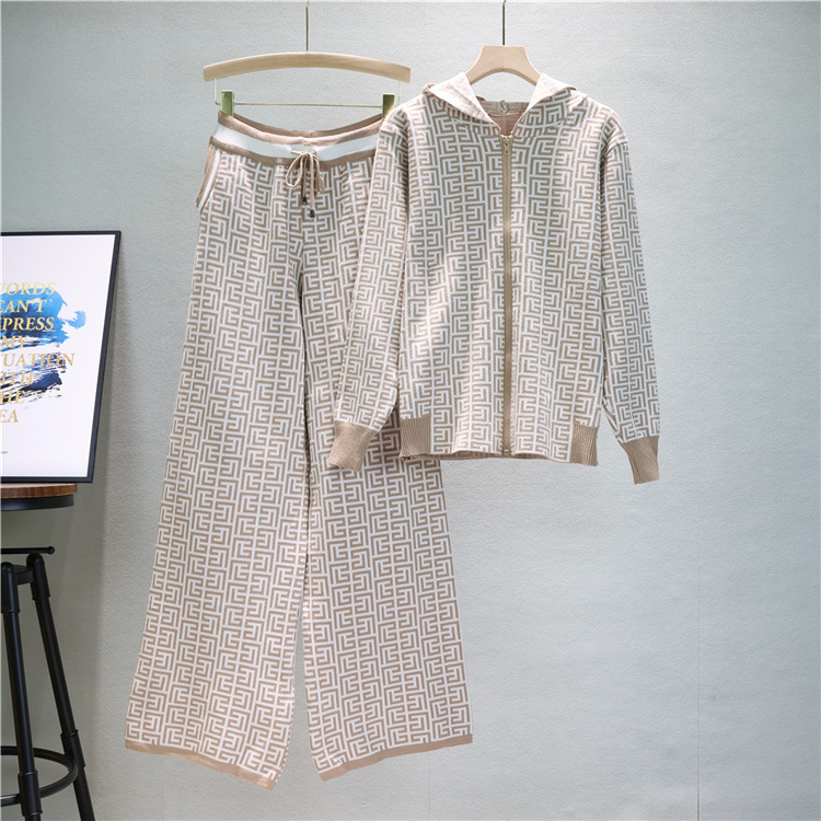 Women Casual Printed Long Sleeve Hooded Knitting Top + Wide Leg Pants Two-Piece Set