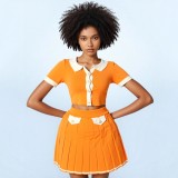 Fashion Turndown Collar Metal Button Cardigan & Pleated Skirt Knit Set
