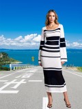 Autumn Multi-Color U-Neck Sexy Cut-Out Long-Sleeve Knit Long Dress