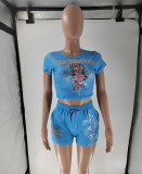 Women Print Short Sleeve Top and Shorts Two-piece Set