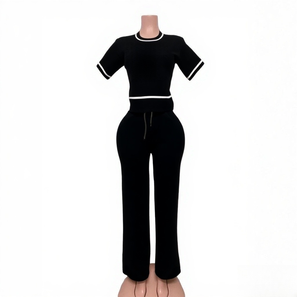 Spring/Summer Casual Knit Set Letter & Heart Print Short-Sleeve Top + High-Waist Pants