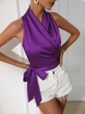 Women satin spring and summer Halter neck Sexy Lace-up Sleeveless Top