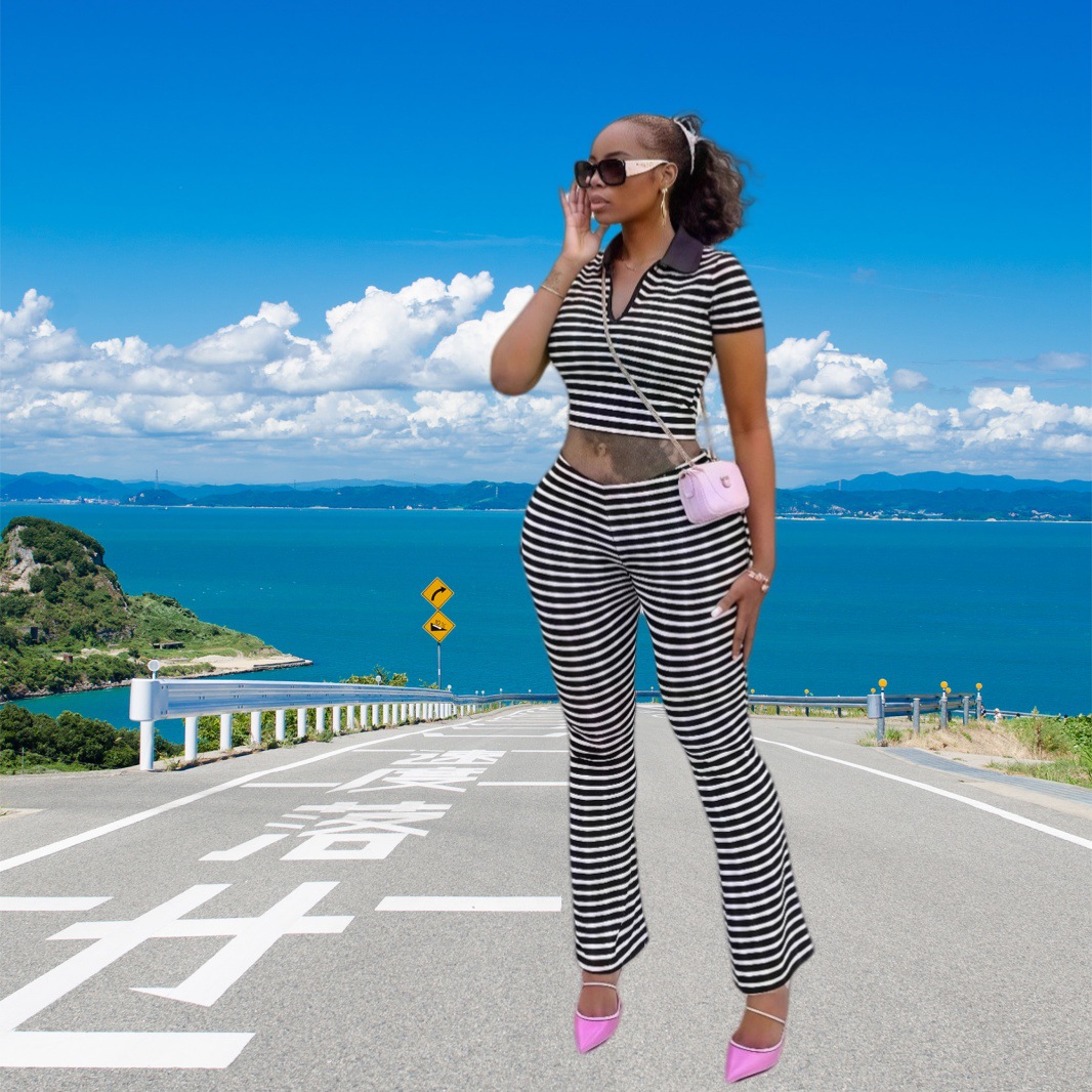 Fashion Turndown Collar Shirt & Striped Bell-Bottom Pants Summer Knit Set