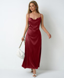 Women Pleated Sleeveless Satin Dress