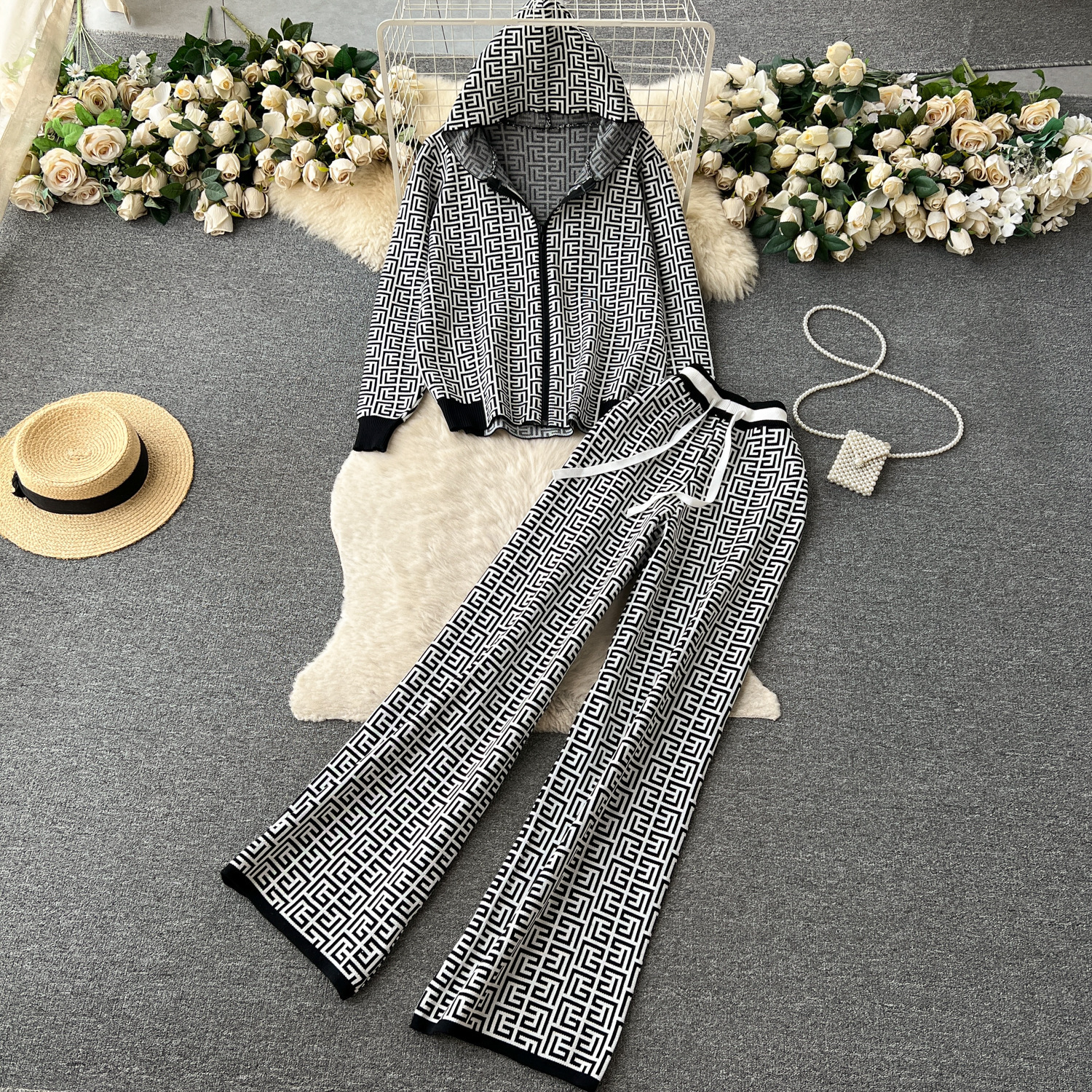 Women Casual Printed Long Sleeve Hooded Knitting Top + Wide Leg Pants Two-Piece Set