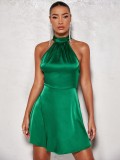 Women's Blue Satin Dress Sexy Elegant Gown
