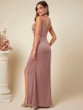 Women's Spring Summer Strap Satin Dress Sexy Pleated Bridesmaid Dress