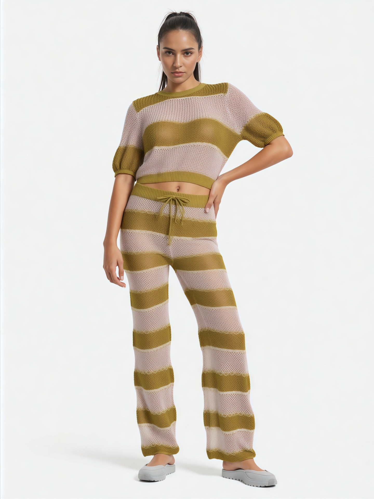 Women's Fashion Knit Cut-Out Short-Sleeve Pants Set Beach Outfit