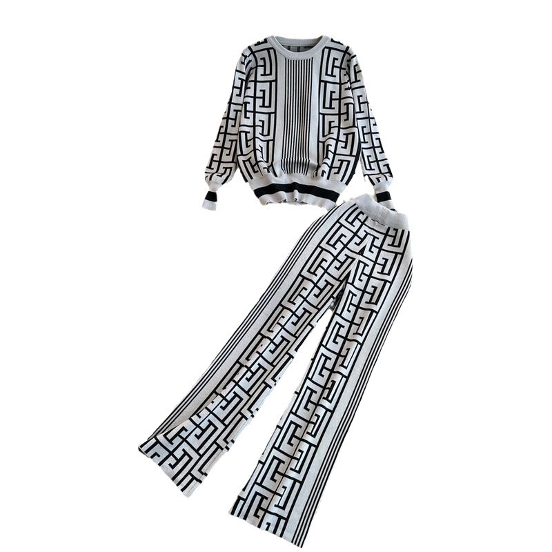 Women Long Sleeve Round Neck Knitting Top And Wide Leg Pants Two-Piece Set