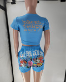 Women Print Short Sleeve Top and Shorts Two-piece Set