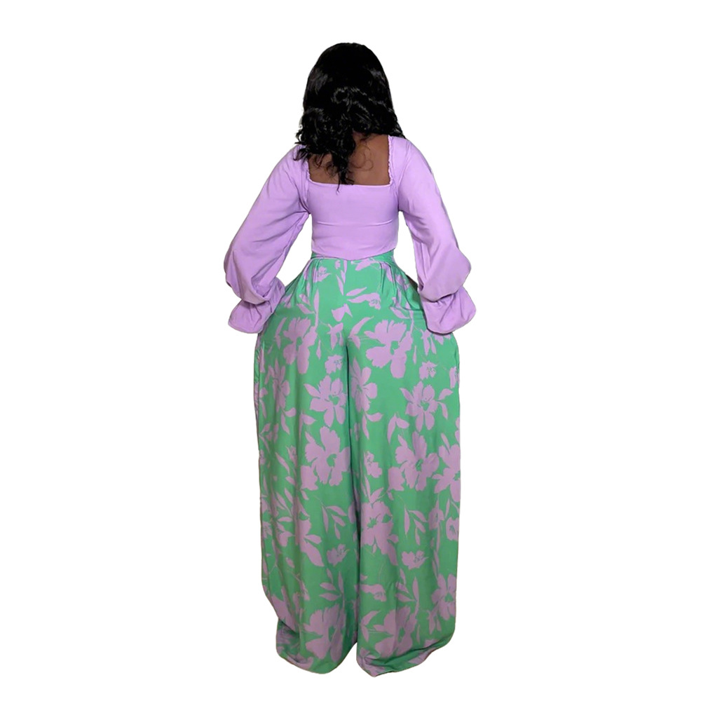 Long Sleeve Top with Loose Printed Wide-Leg Pants Casual & Comfortable Two-Piece Set
