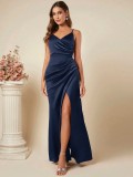 Women's Spring Summer Strap Satin Dress Sexy Pleated Bridesmaid Dress