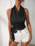 Women satin spring and summer Halter neck Sexy Lace-up Sleeveless Top