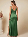 Women's Spring Summer Strap Satin Dress Sexy Pleated Bridesmaid Dress