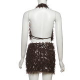 Women Halter Neck V Neck Top and Skirt Two-piece Set