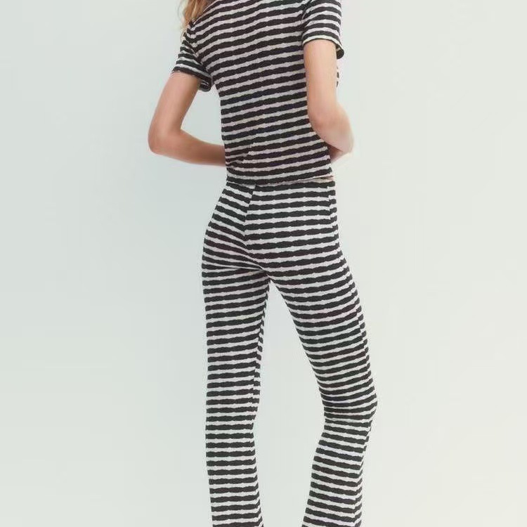 Fashion Turndown Collar Shirt & Striped Bell-Bottom Pants Summer Knit Set