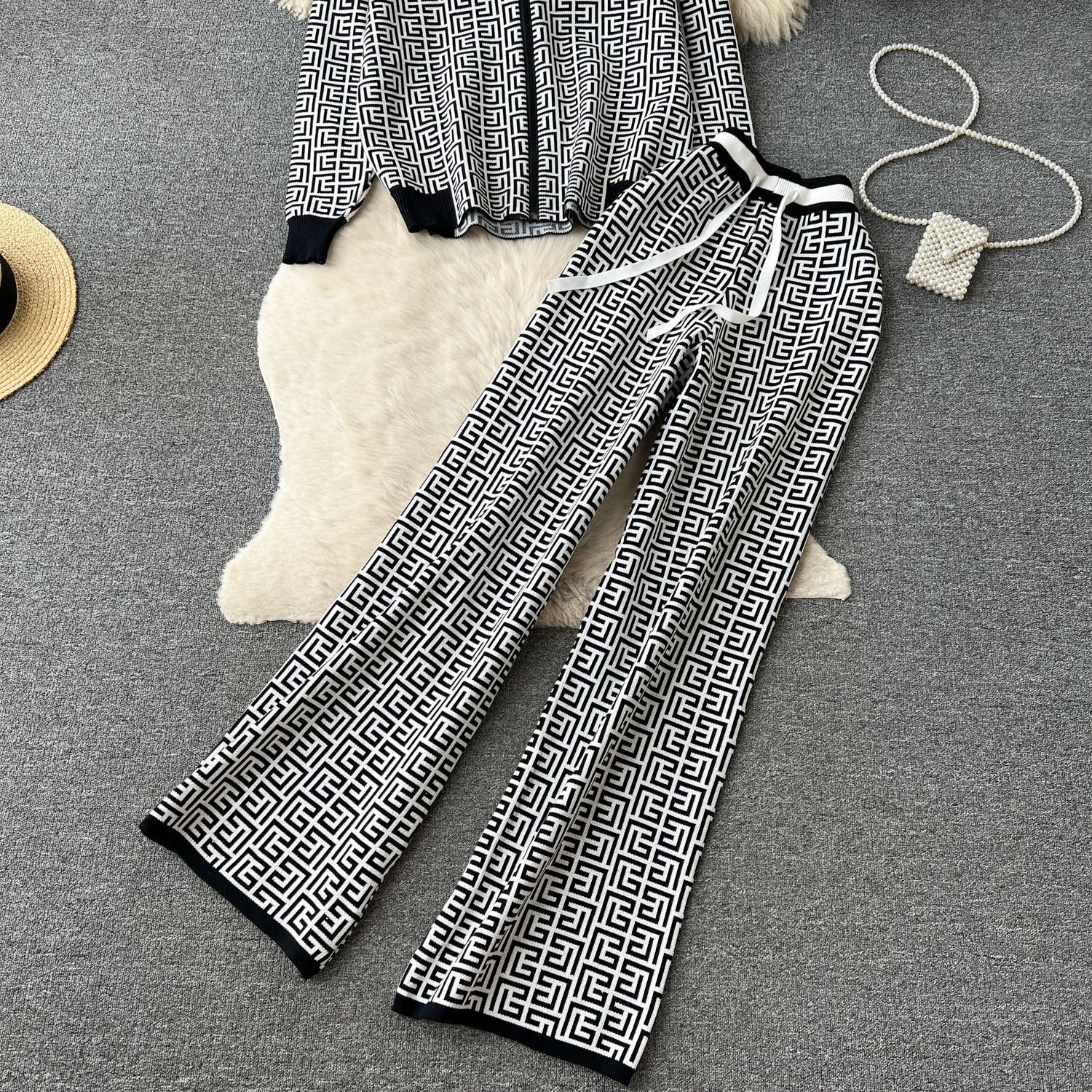Women Casual Printed Long Sleeve Hooded Knitting Top + Wide Leg Pants Two-Piece Set