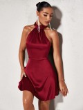Women's Blue Satin Dress Sexy Elegant Gown