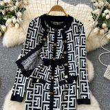 Women Cardigan Jacket Bodycon Dress Knitting Two-Piece Set