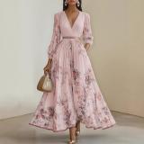 Women's Digital Print V-Neck Long-Sleeve Pleated Maxi Dress