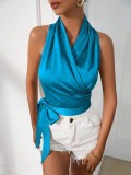 Women satin spring and summer Halter neck Sexy Lace-up Sleeveless Top